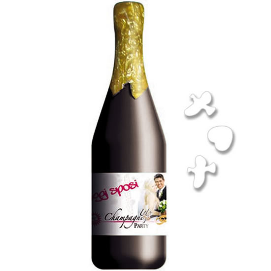 Bottiglia Champagne Oggi Sposi con Cuori e Colombe misura 30 cm
