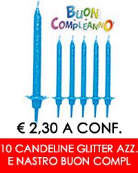 € 2,30 a conf. - 10 CANDELINE GLITTER AZZURRE CON SCRITTA BUON COMPLEANNO
