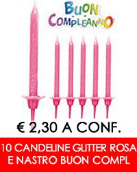 € 2,30 a conf. - 10 CANDELINE GLITTER ROSA CON SCRITTA BUON COMPLEANNO